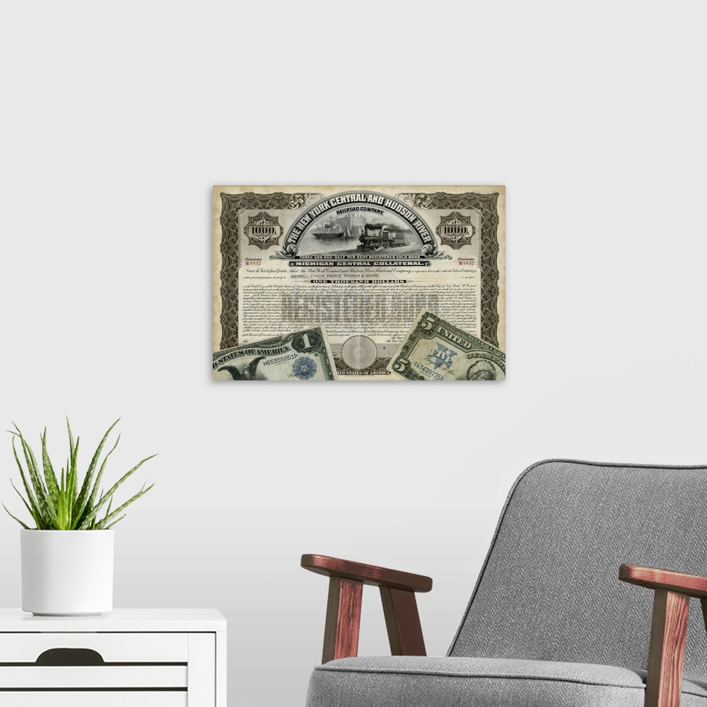 A modern room featuring Antique Stock Certificate I
