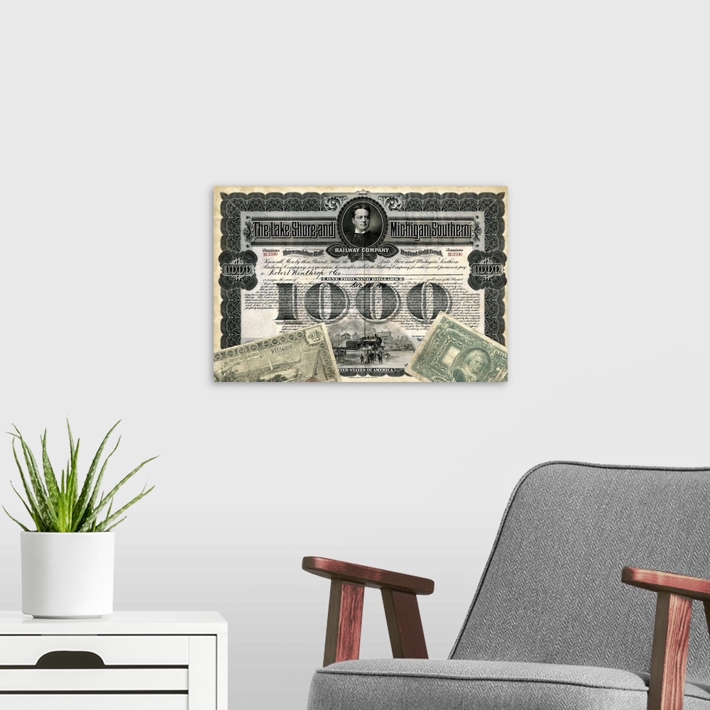 A modern room featuring Antique Stock Certificate II