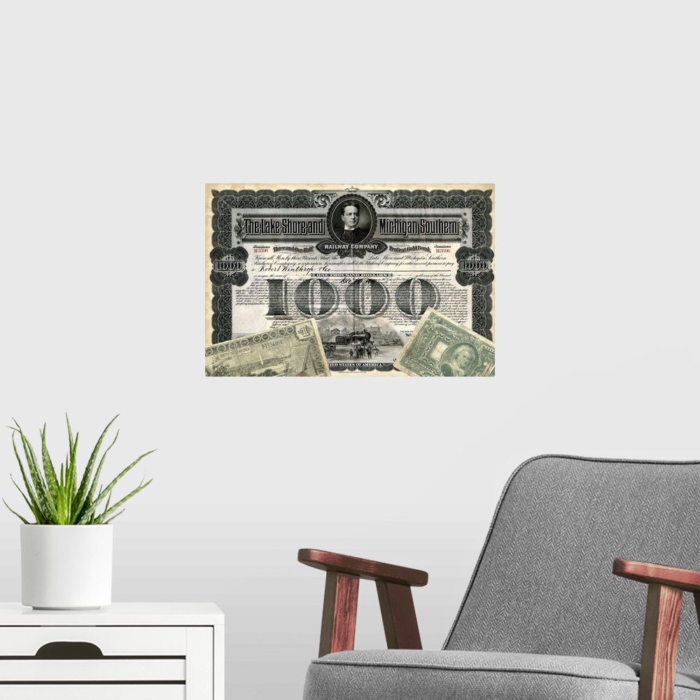 A modern room featuring Antique Stock Certificate II