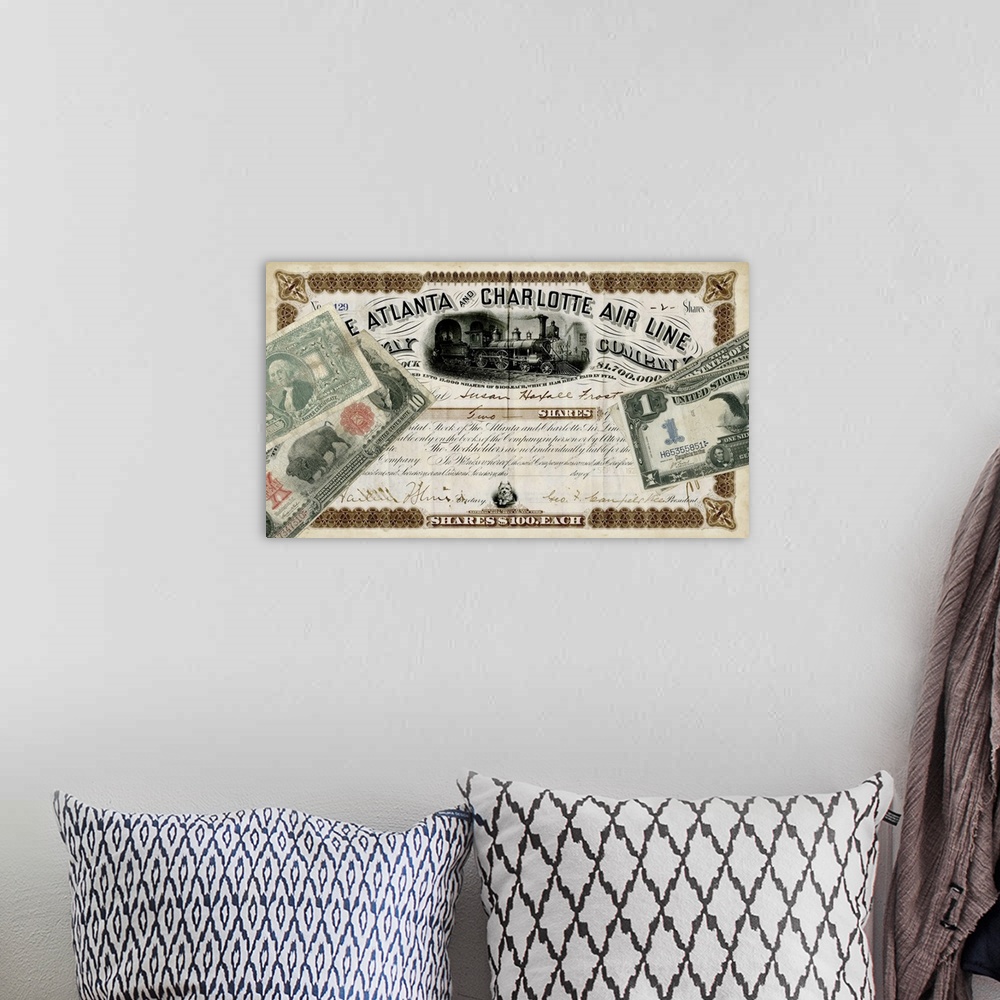 A bohemian room featuring Antique Stock Certificate IV