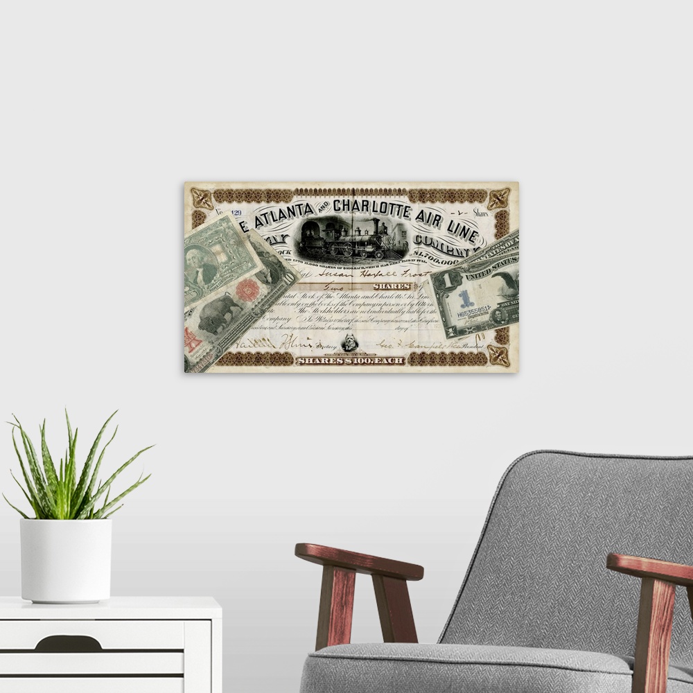 A modern room featuring Antique Stock Certificate IV