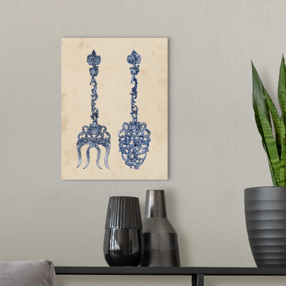 A modern room featuring Decorative artwork of an antique fork and spoon with intricate details on an aged sepia background.