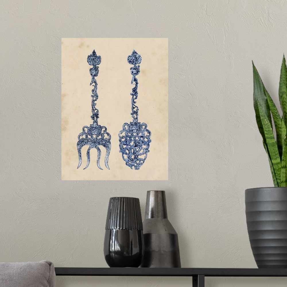 A modern room featuring Decorative artwork of an antique fork and spoon with intricate details on an aged sepia background.