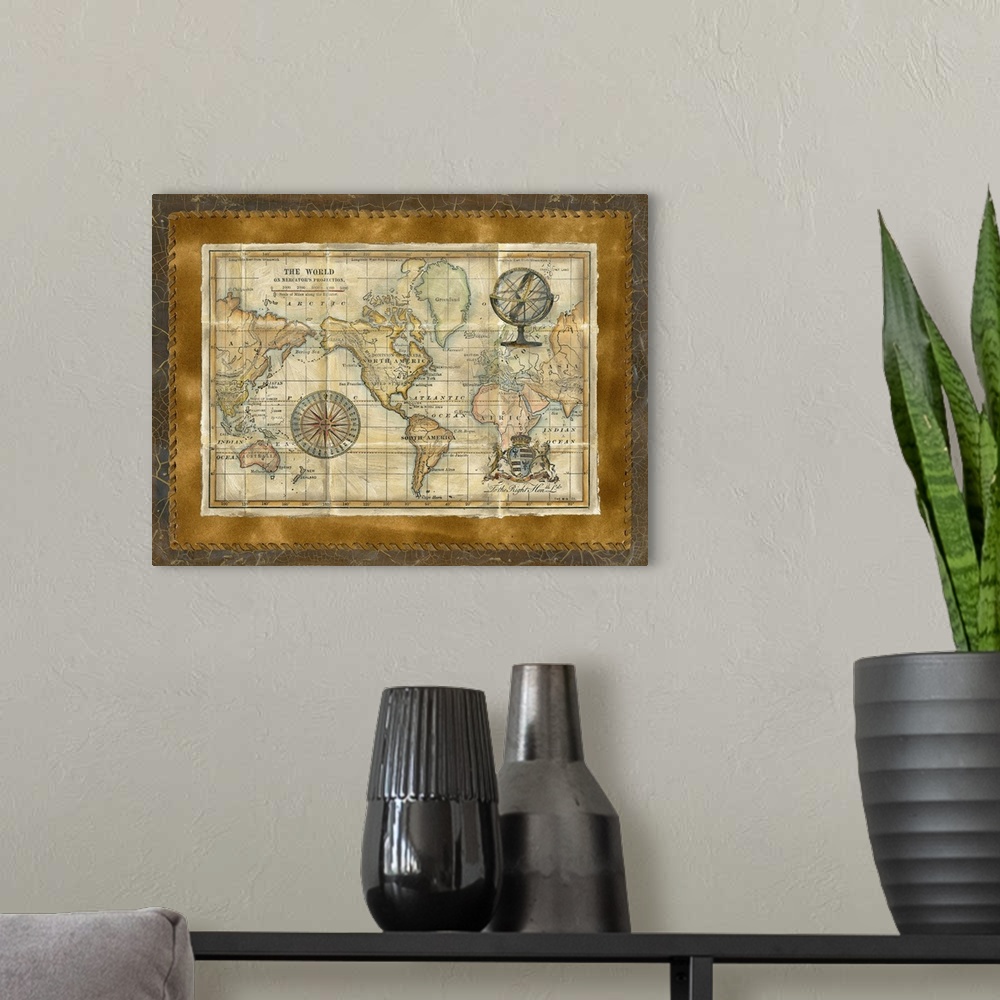 A modern room featuring Antique World Map