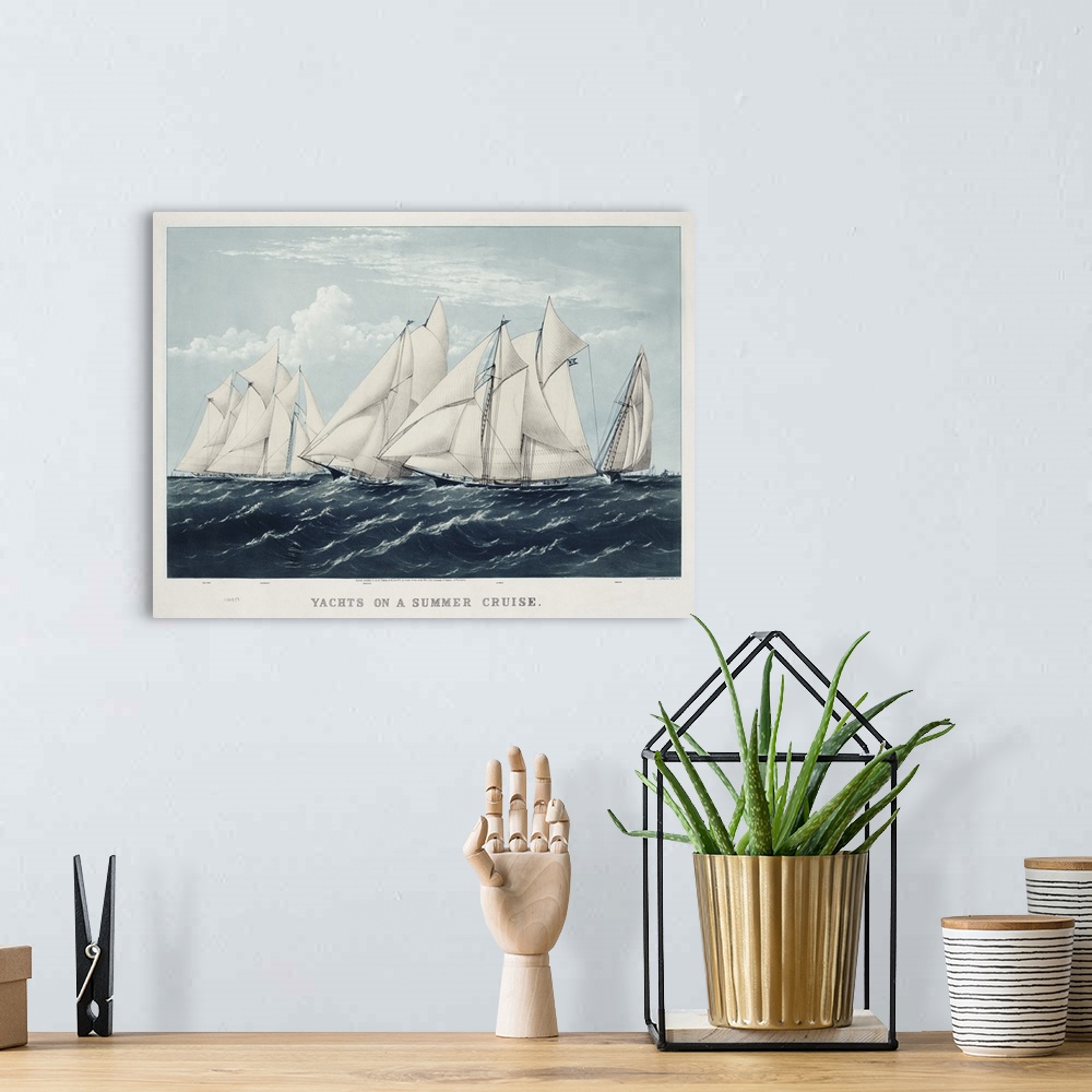 A bohemian room featuring A classic traditional illustration of tall ships sailing on open water, in serene shades of blue ...