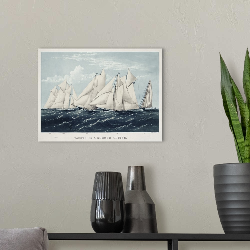 A modern room featuring A classic traditional illustration of tall ships sailing on open water, in serene shades of blue ...