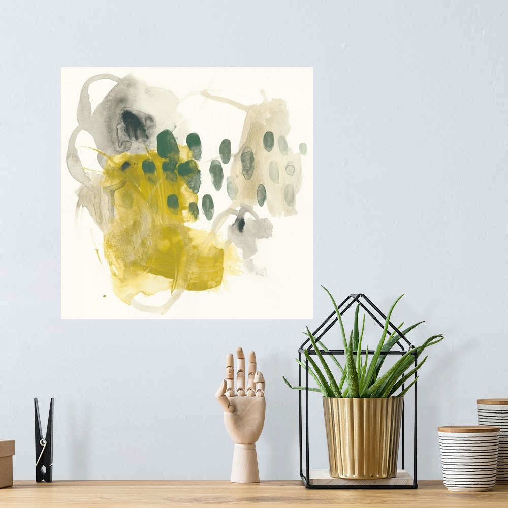 A bohemian room featuring This abstract artwork features bright yellows and muted greens in unsystematic brush strokes to v...