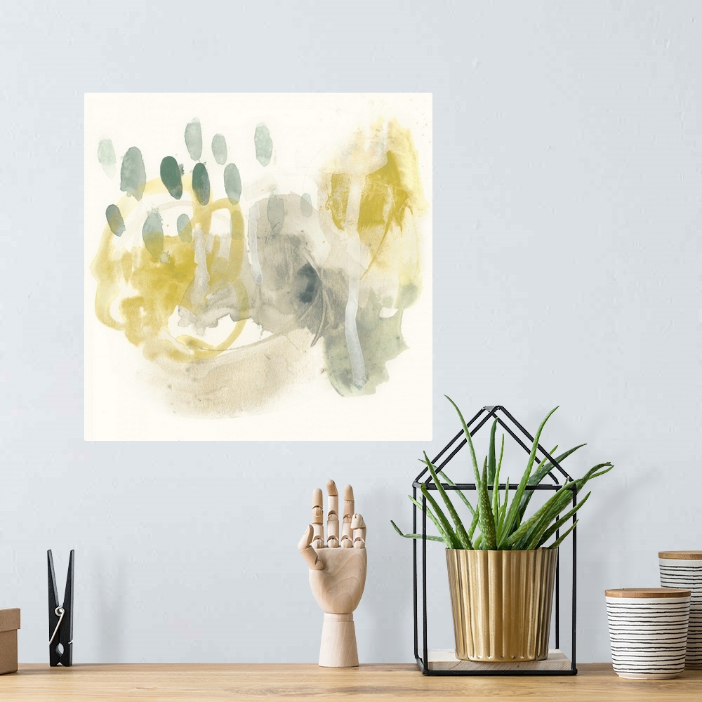 A bohemian room featuring This abstract artwork features bright yellows and muted greens in unsystematic brush strokes to v...