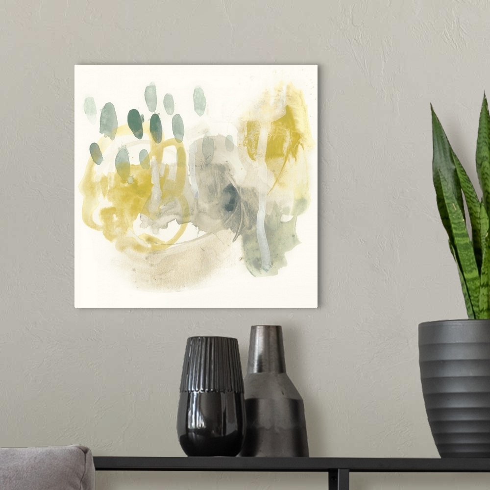 A modern room featuring This abstract artwork features bright yellows and muted greens in unsystematic brush strokes to v...