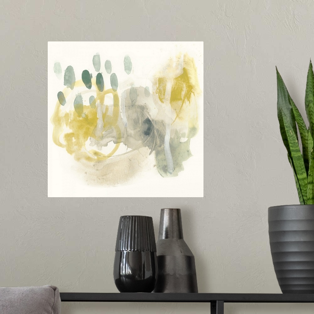 A modern room featuring This abstract artwork features bright yellows and muted greens in unsystematic brush strokes to v...