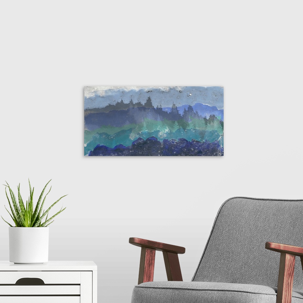 A modern room featuring Landscape painting of silhouetted mountain ranges in blue and teal tones, reminiscent of the Smok...