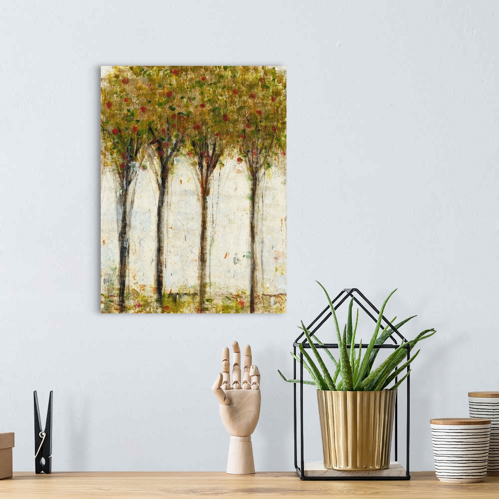 A bohemian room featuring Contemporary painting of a grove of tall thin trees.