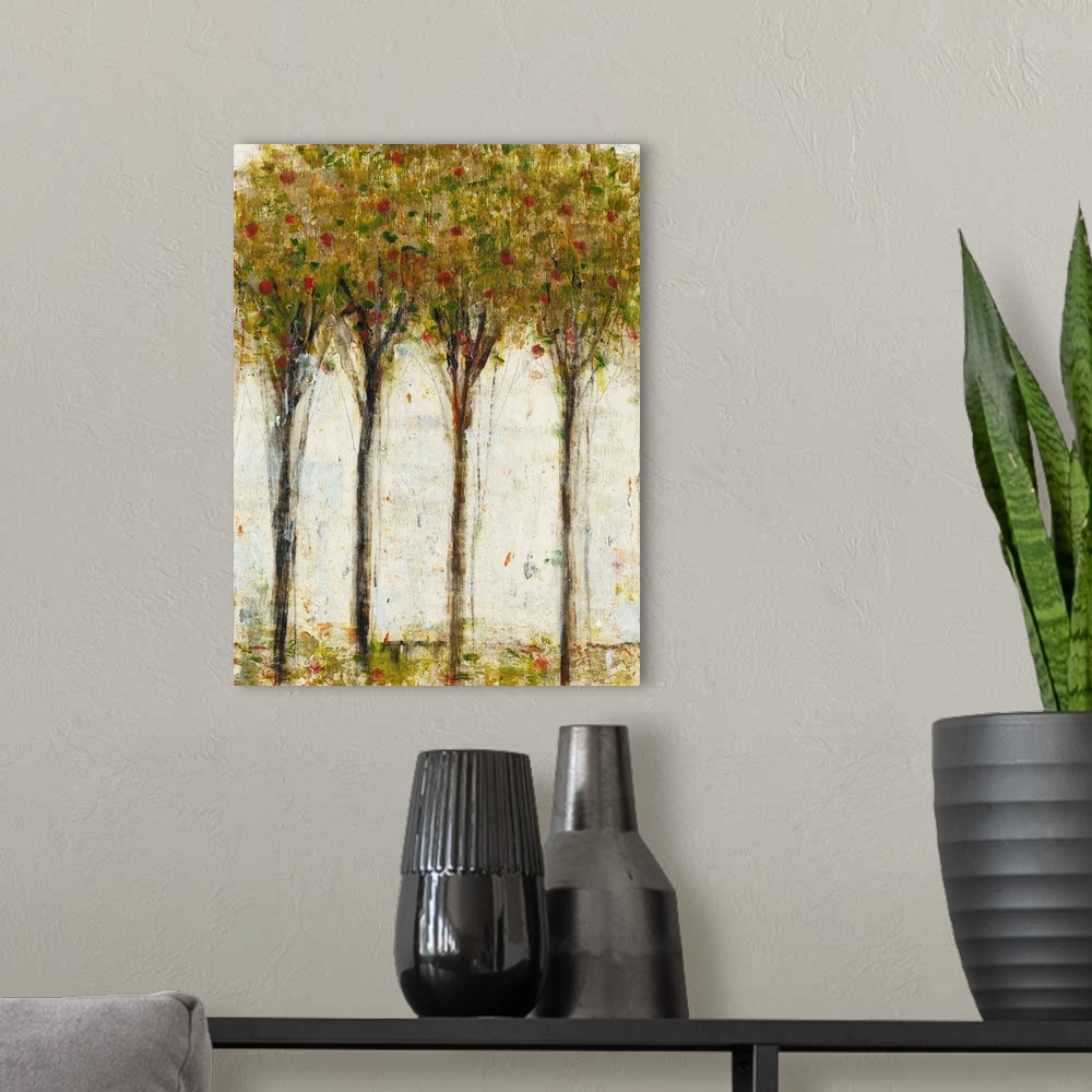 A modern room featuring Contemporary painting of a grove of tall thin trees.