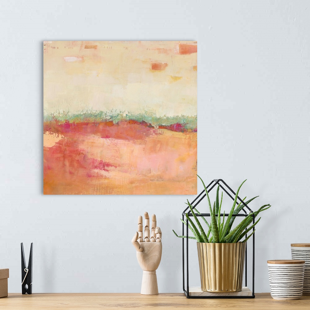 A bohemian room featuring Square abstract artwork made with pastel colors representing a landscape.