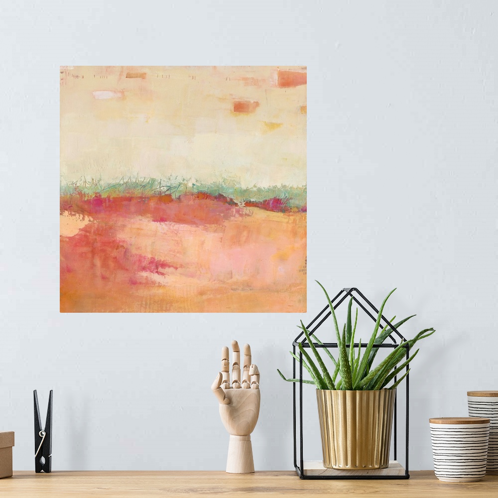 A bohemian room featuring Square abstract artwork made with pastel colors representing a landscape.