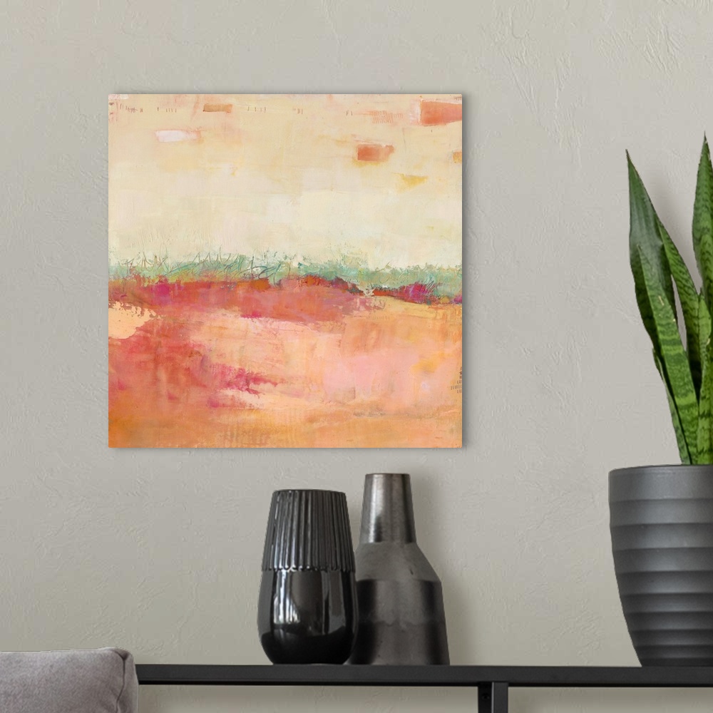 A modern room featuring Square abstract artwork made with pastel colors representing a landscape.