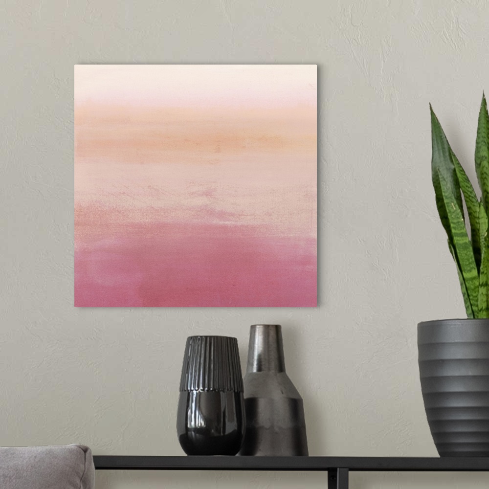 A modern room featuring Abstract painting of horizontal brush strokes of pink and orange, with dark shades on the bottom.