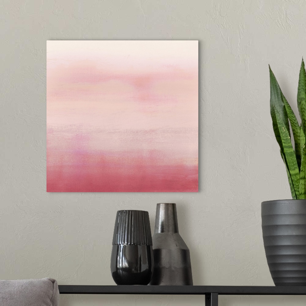 A modern room featuring Abstract painting of horizontal brush strokes of pink and orange, with dark shades on the bottom.