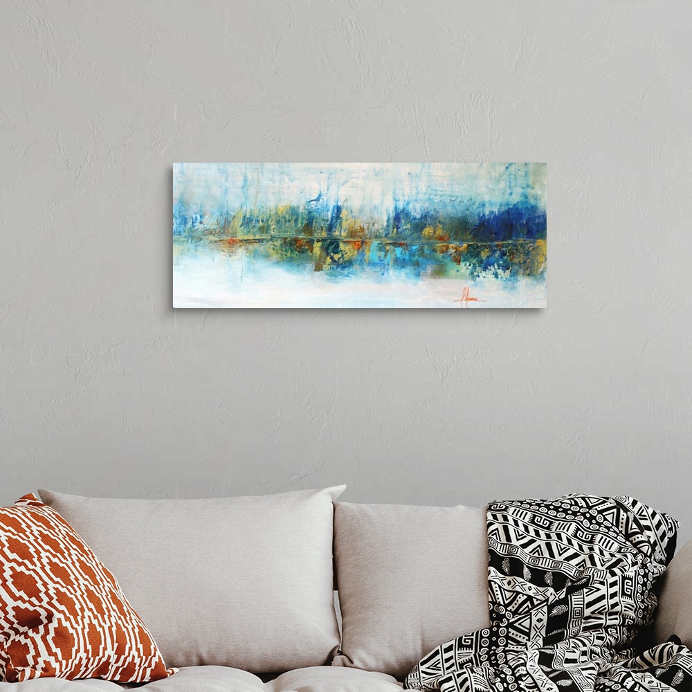 A bohemian room featuring Abstract seascape painting in tropical blue and gold shades.