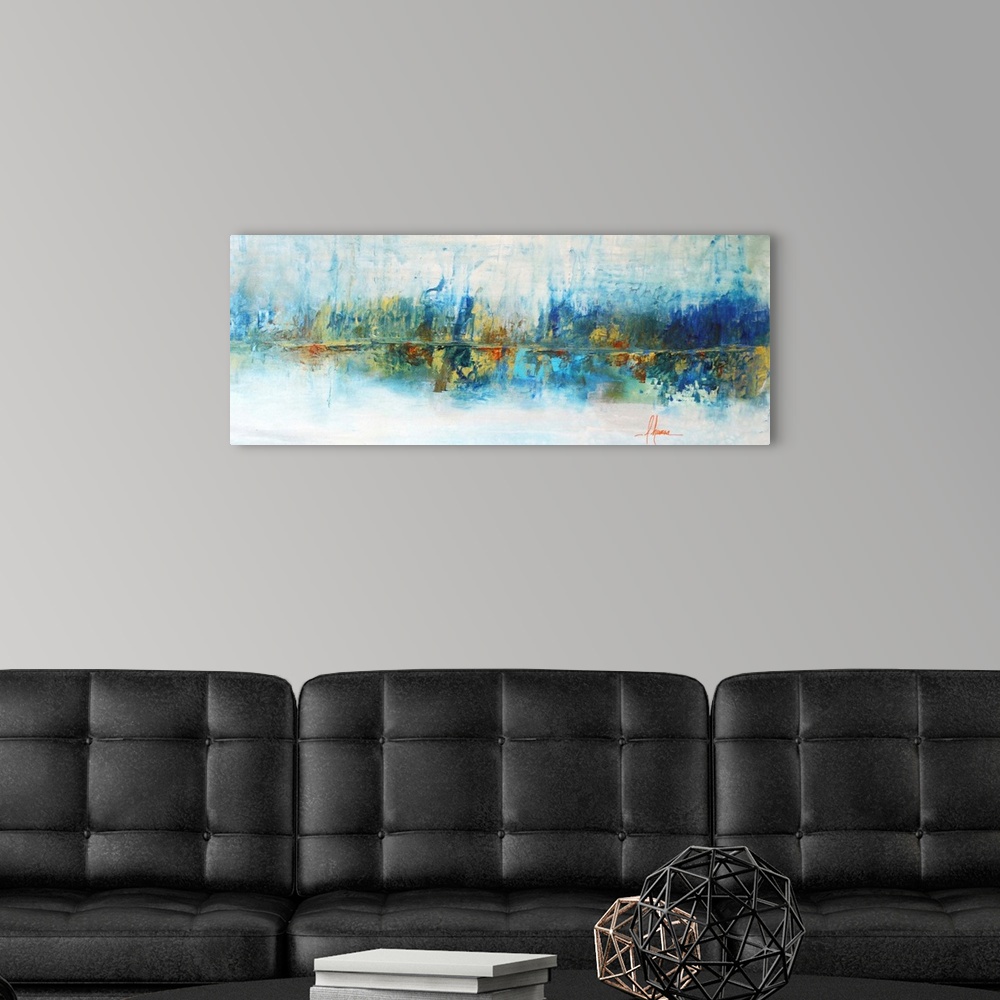 A modern room featuring Abstract seascape painting in tropical blue and gold shades.