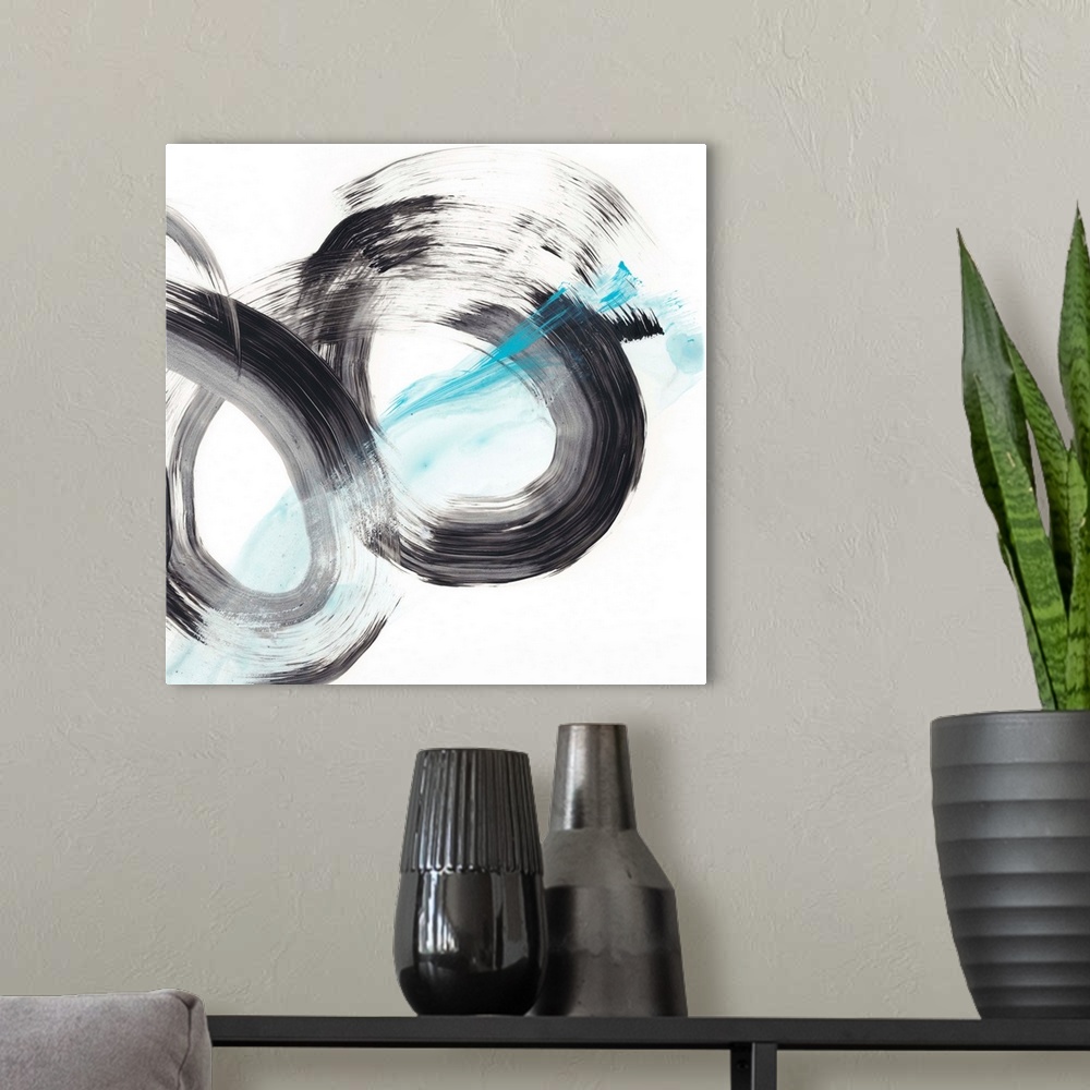 A modern room featuring Black and frosty blue spirals make up this dynamic contemporary abstract.