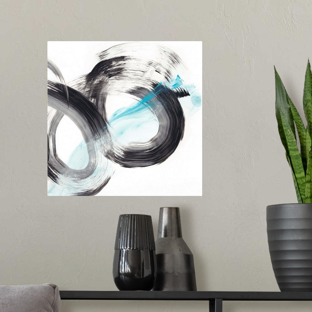 A modern room featuring Black and frosty blue spirals make up this dynamic contemporary abstract.
