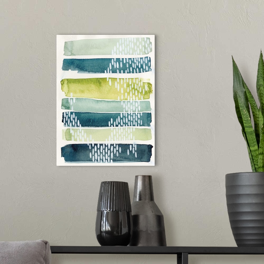 A modern room featuring Watercolor abstract painting in blue and green shades, with white patterns.