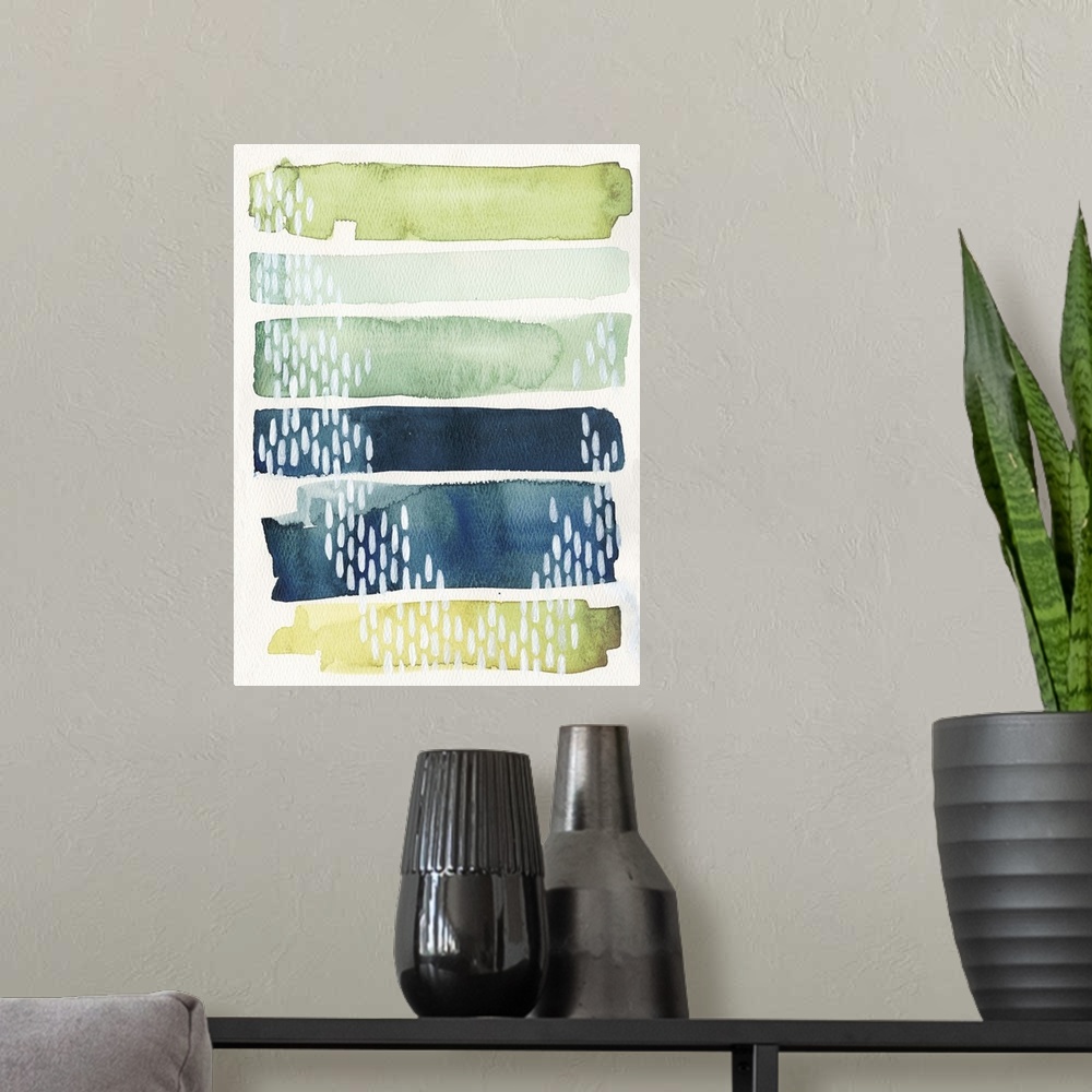 A modern room featuring Watercolor abstract painting in blue and green shades, with white patterns.