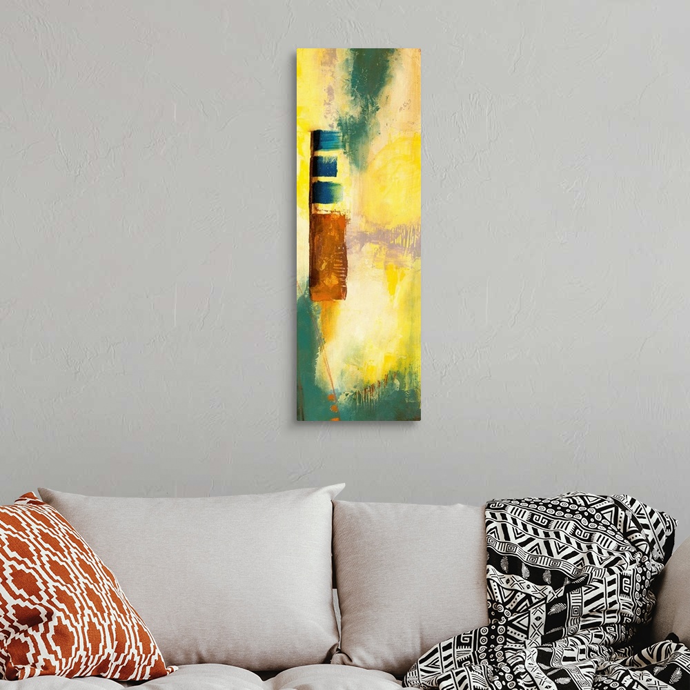 A bohemian room featuring Contemporary abstract painting using bright yellow and dark green.