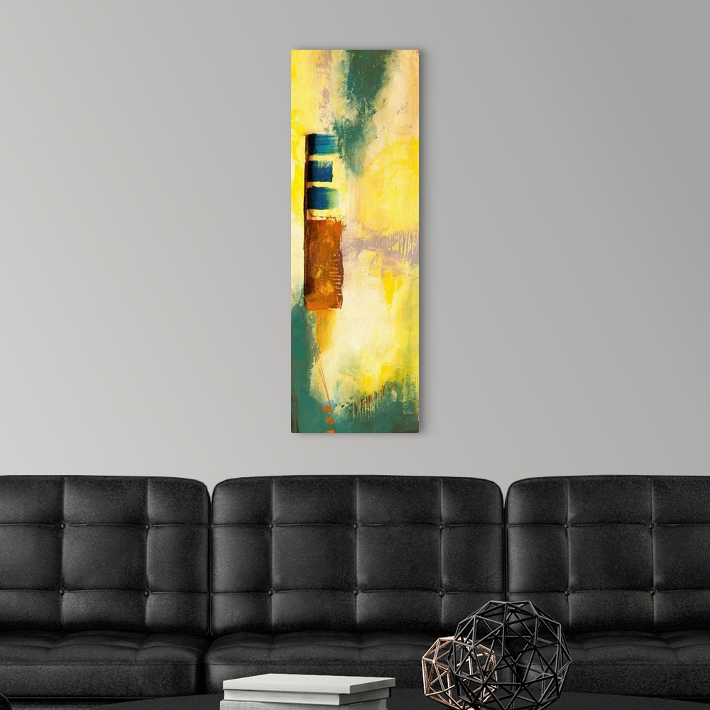 A modern room featuring Contemporary abstract painting using bright yellow and dark green.