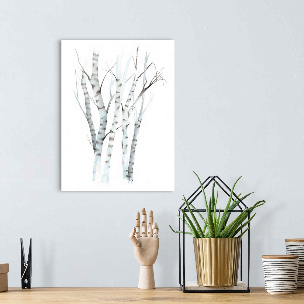 A bohemian room featuring Watercolor painting of white striped birch trees against a white background.