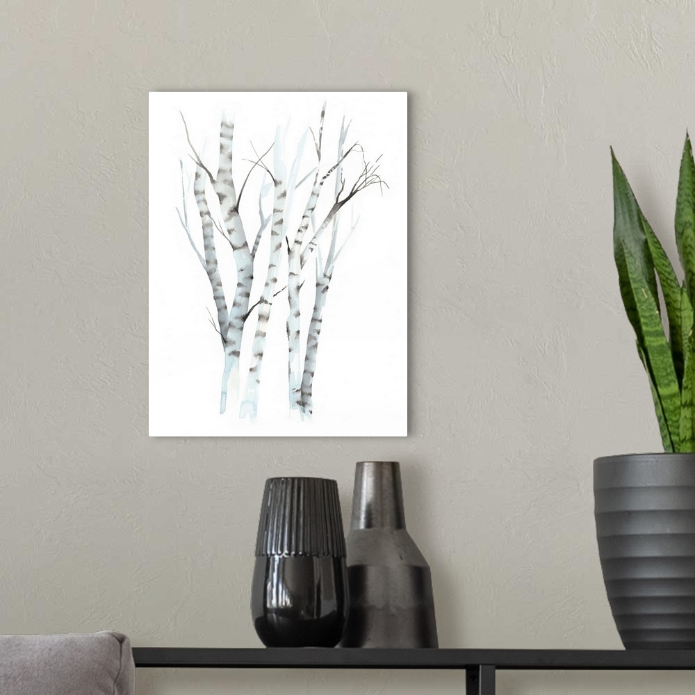 A modern room featuring Watercolor painting of white striped birch trees against a white background.