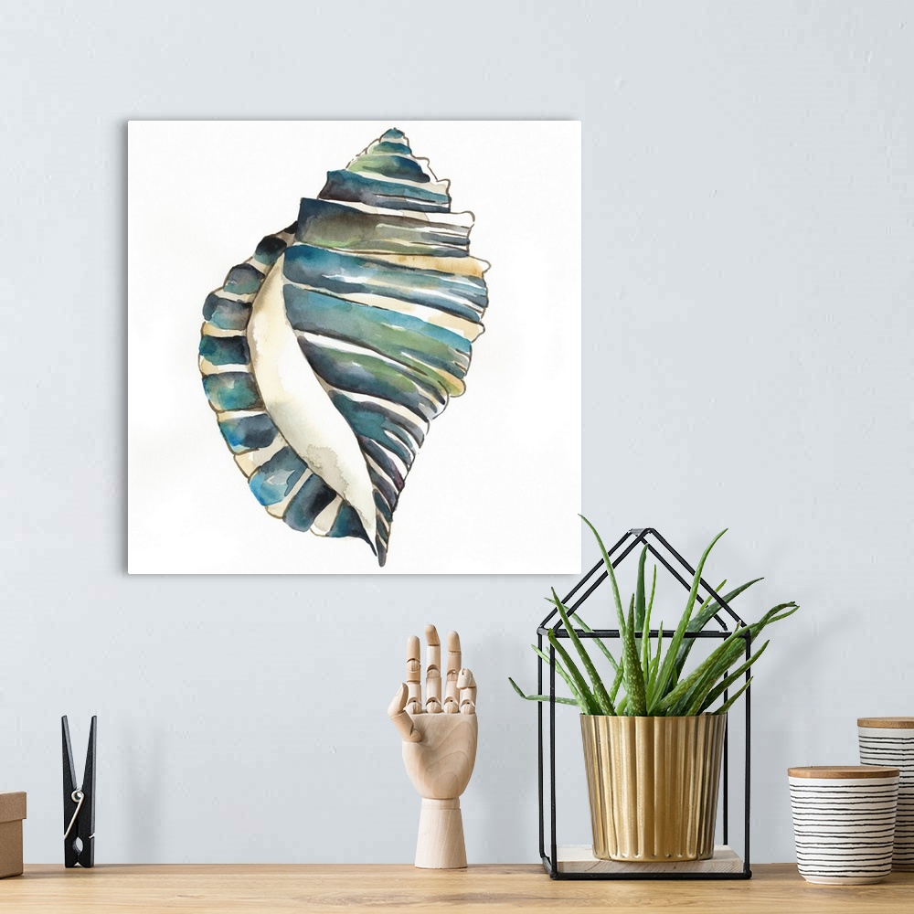 A bohemian room featuring Detailed watercolor painting of a blue spiral seashell.