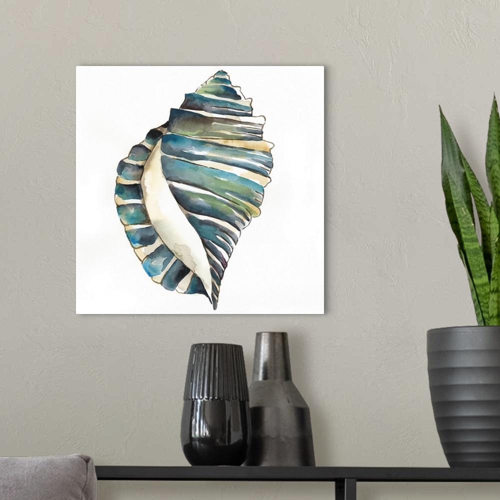 A modern room featuring Detailed watercolor painting of a blue spiral seashell.