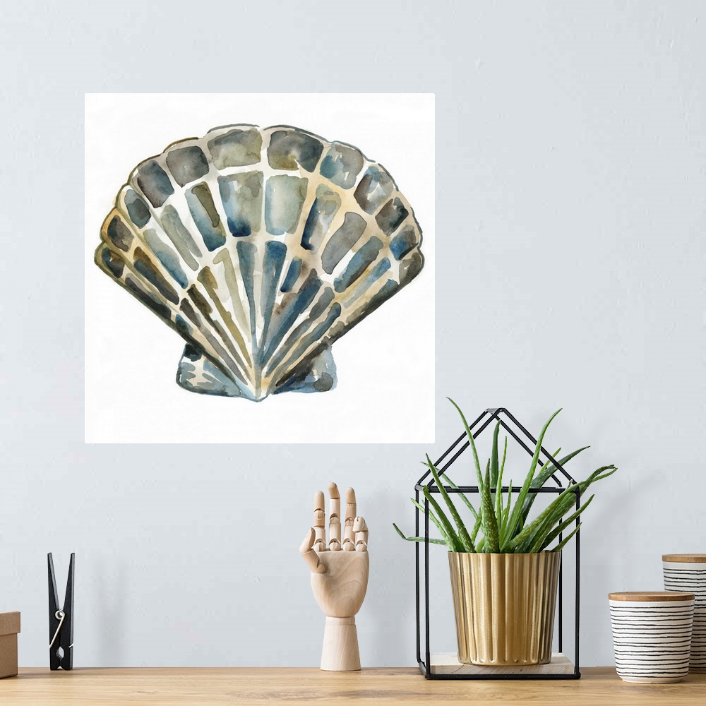 A bohemian room featuring Detailed watercolor painting of a scallop seashell.