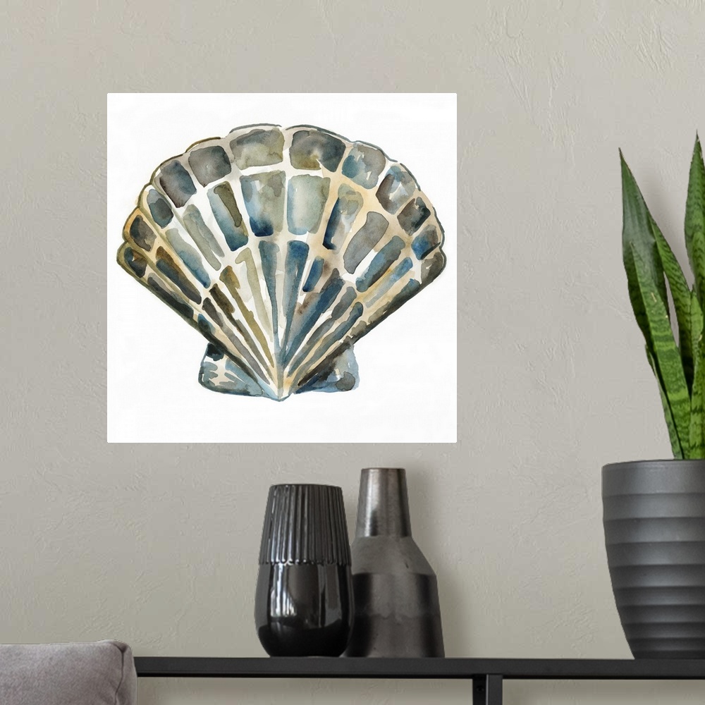 A modern room featuring Detailed watercolor painting of a scallop seashell.
