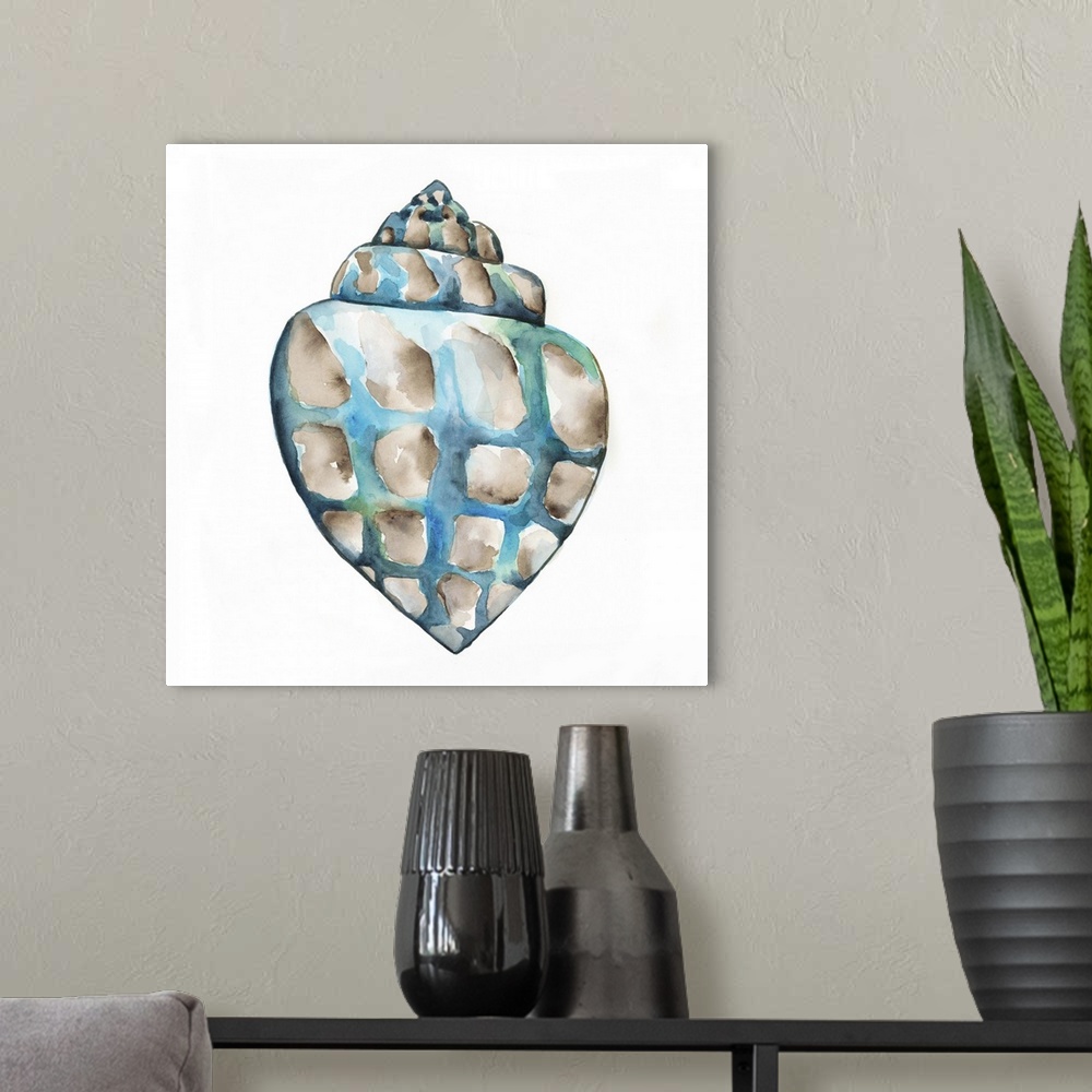 A modern room featuring Detailed watercolor painting of a spotted spiral seashell.
