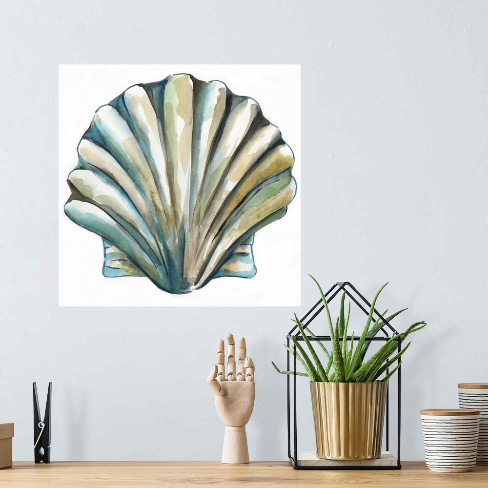 A bohemian room featuring Detailed watercolor painting of a scallop seashell.