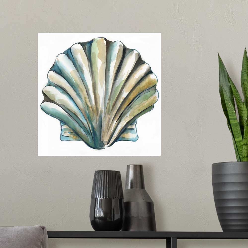 A modern room featuring Detailed watercolor painting of a scallop seashell.