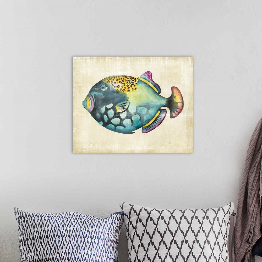 A bohemian room featuring illustration of a brightly patterned tropical fish.
