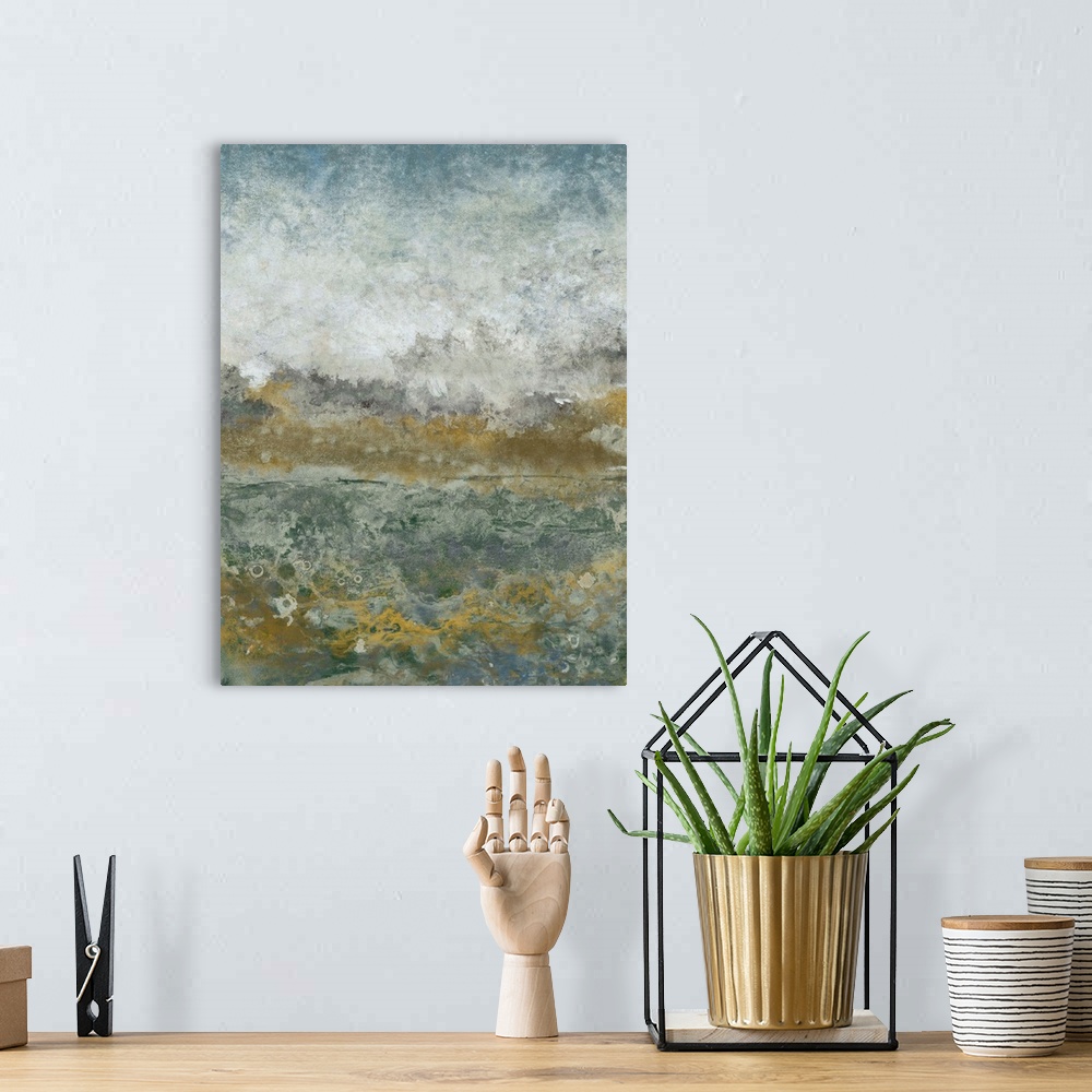 A bohemian room featuring Contemporary abstract landscape painting using muted tones of blue green and gray.