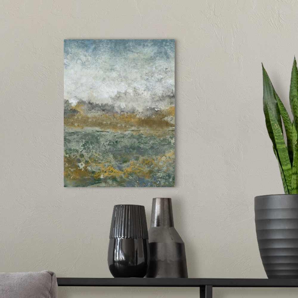 A modern room featuring Contemporary abstract landscape painting using muted tones of blue green and gray.
