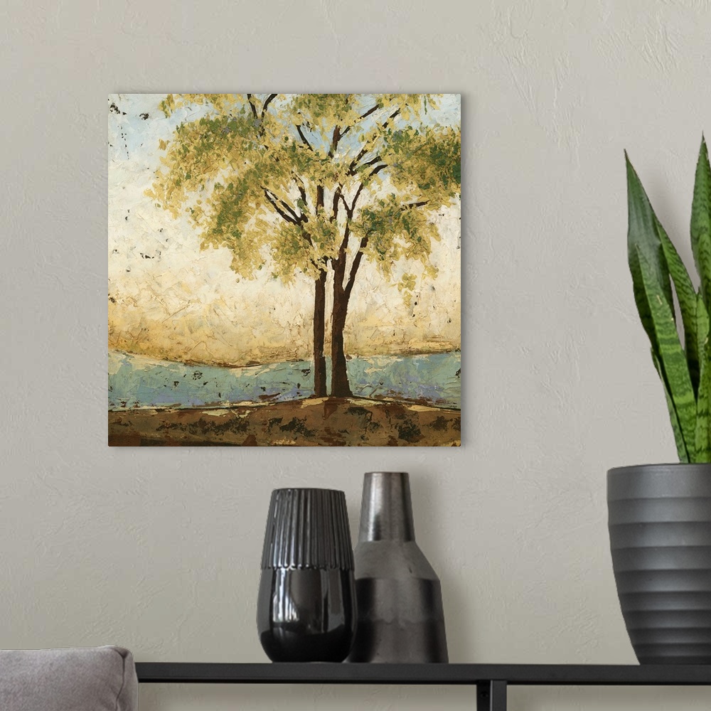 A modern room featuring Simple painting of two close trees, slightly offset from the center, each with leafy boughs of mu...