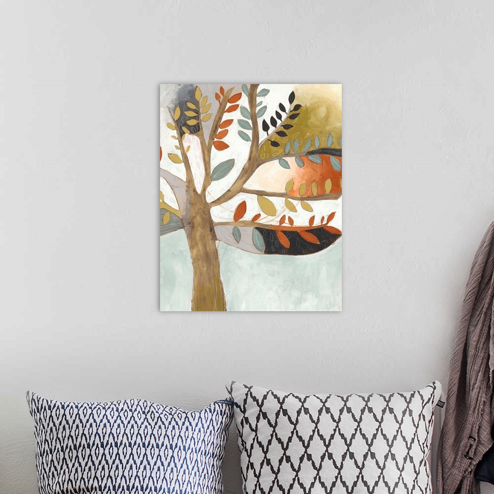 A bohemian room featuring Contemporary painting of a tree using muted browns, oranges and blues.