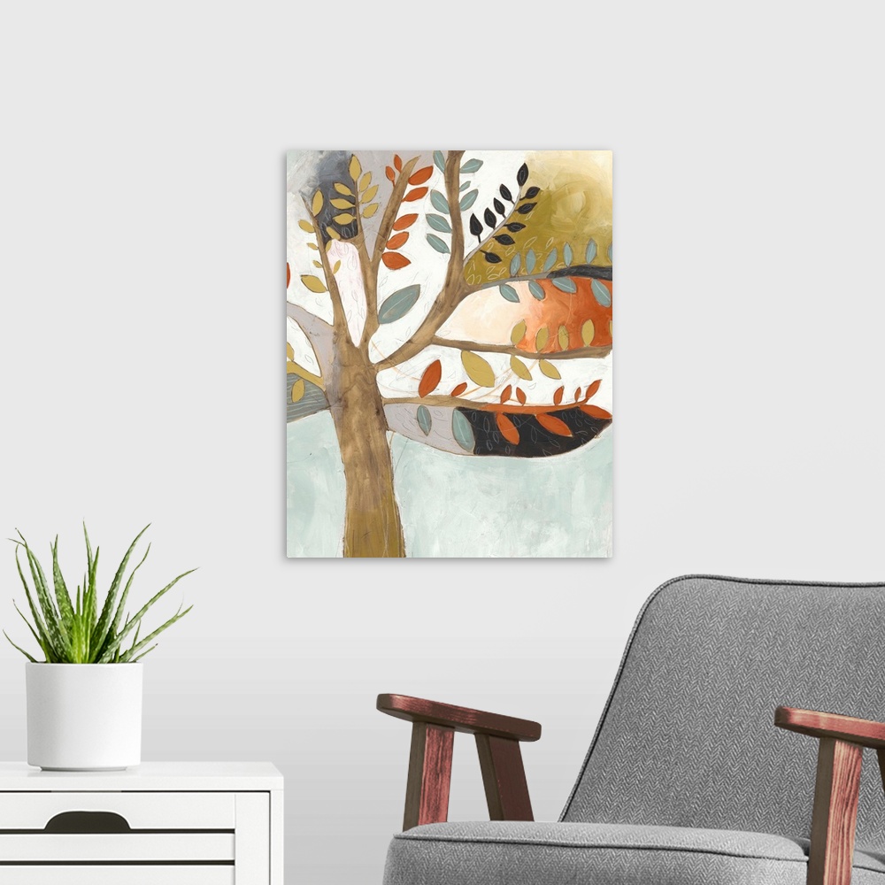 A modern room featuring Contemporary painting of a tree using muted browns, oranges and blues.