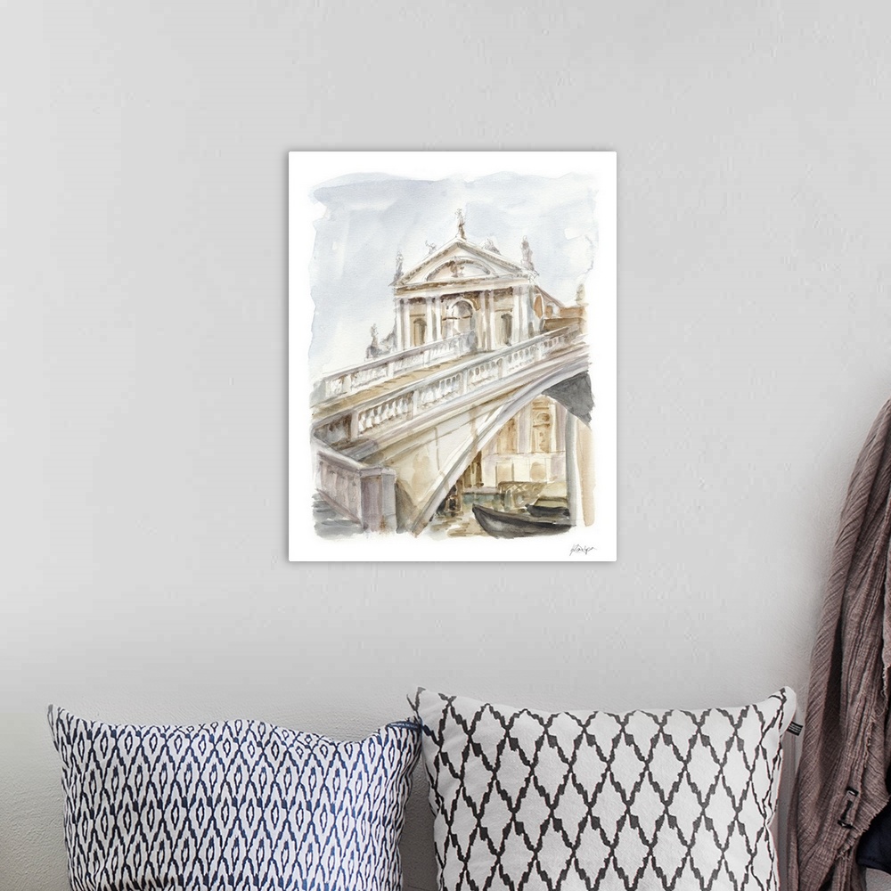 A bohemian room featuring Contemporary watercolor painting of an old building.
