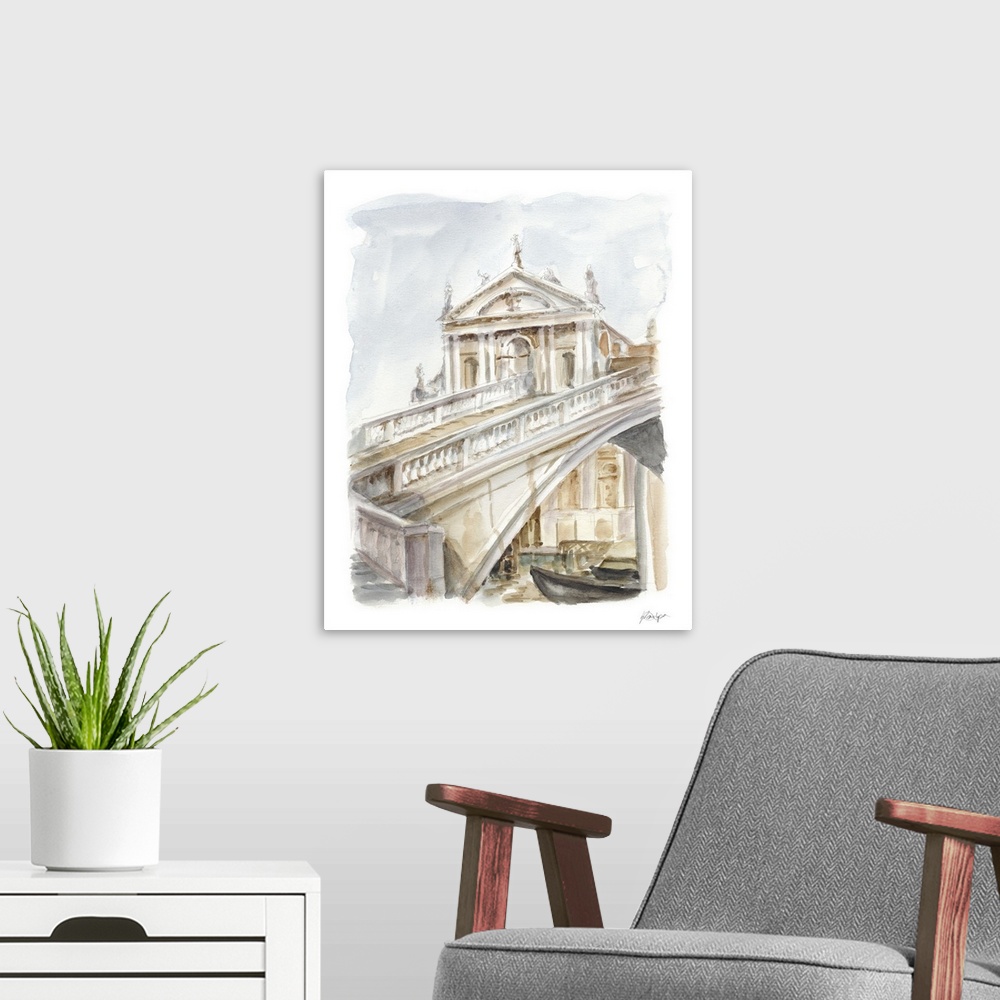 A modern room featuring Contemporary watercolor painting of an old building.
