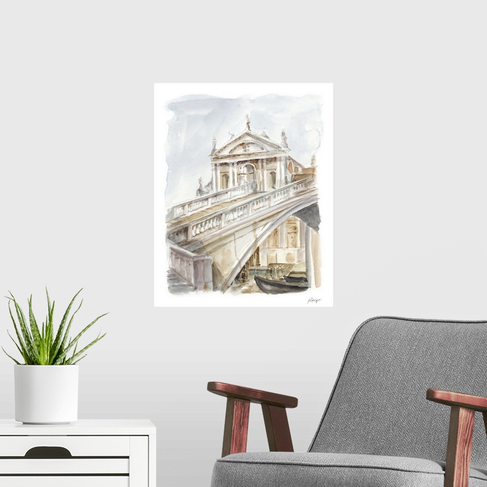 A modern room featuring Contemporary watercolor painting of an old building.