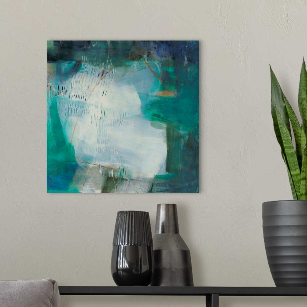 A modern room featuring A square abstract painting in varies shades of blue with overlapping brown scribbles and small ro...