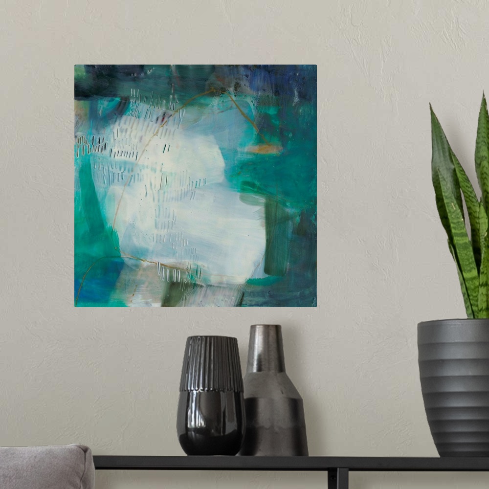 A modern room featuring A square abstract painting in varies shades of blue with overlapping brown scribbles and small ro...